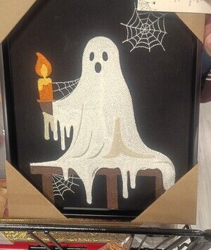 bp Home Woven Embroided Ghost Candle Wall Art - White and Black Halloween Decor